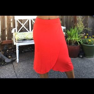 Red Faux Wrap Knit Midi Skirt